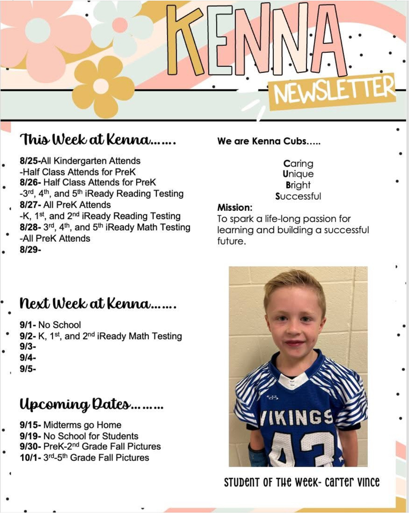 Kenna Newsletter Week of August 25