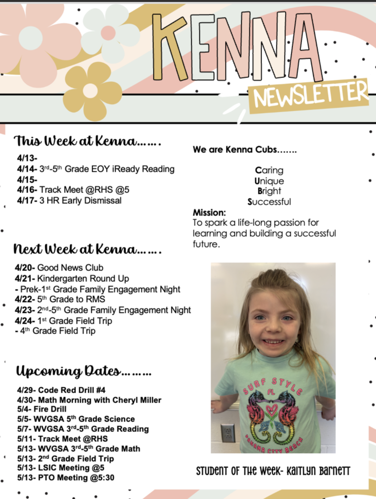 KES 4.13.26 Newsletter with student of the week picture.