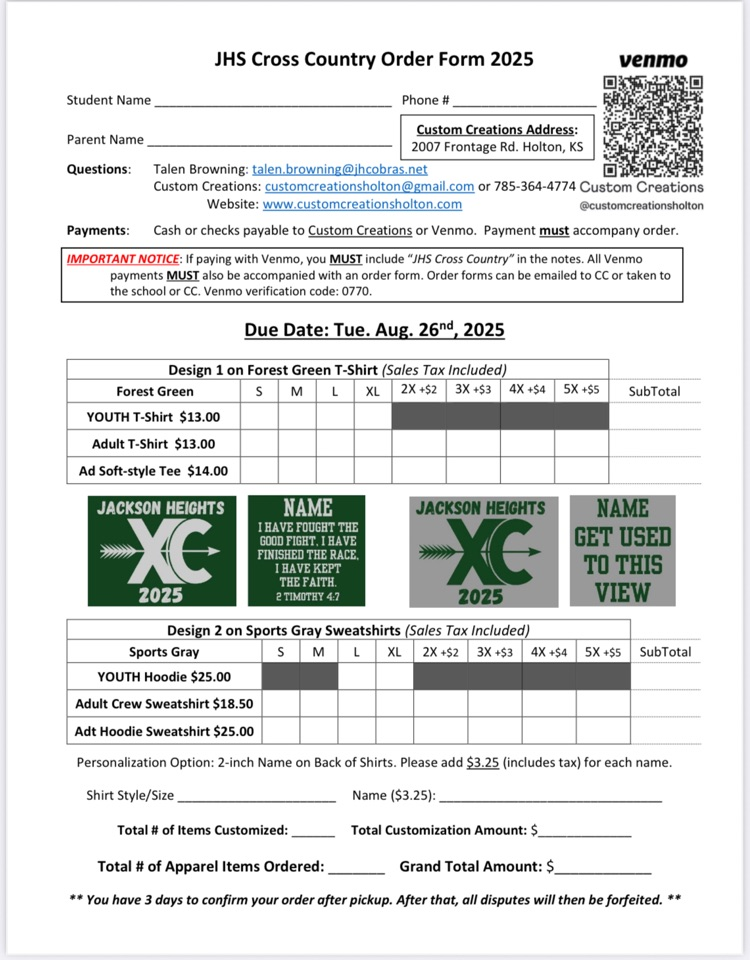 JH Cross Country shirt order form
