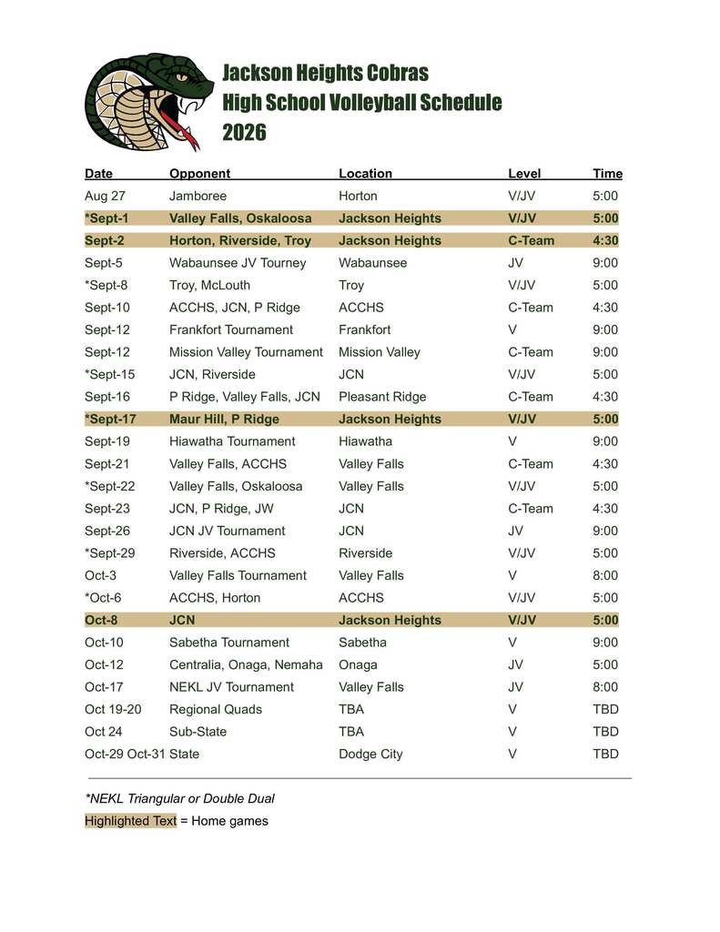 HS Volleyball Schedule