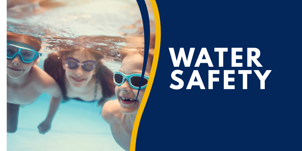 water safety graphic that shows three young  kids swimming underwater with goggles