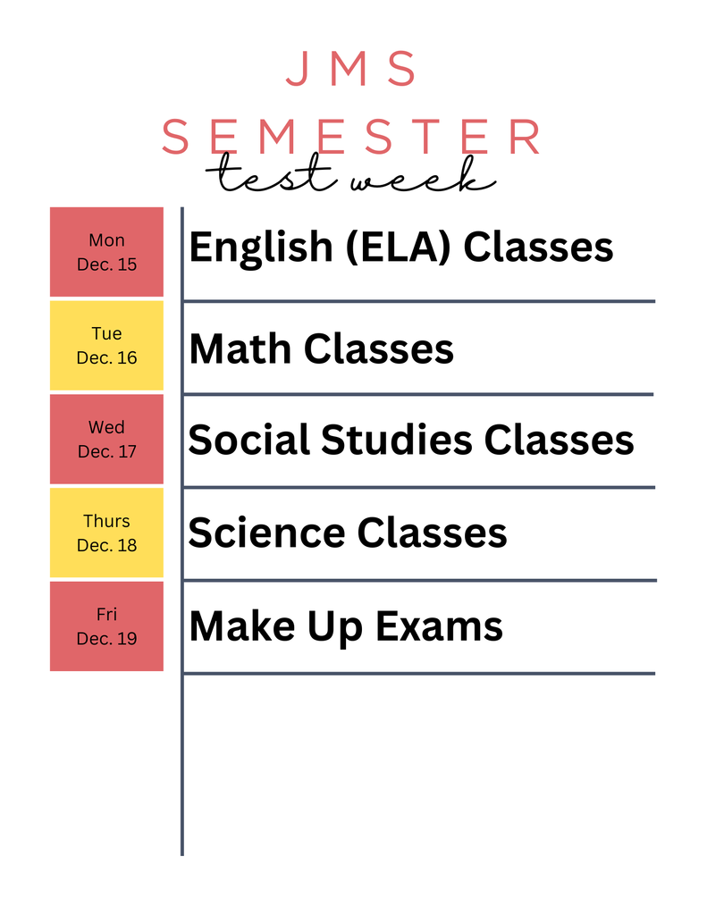 JMS 25/26 1st Semester Test Schedule
