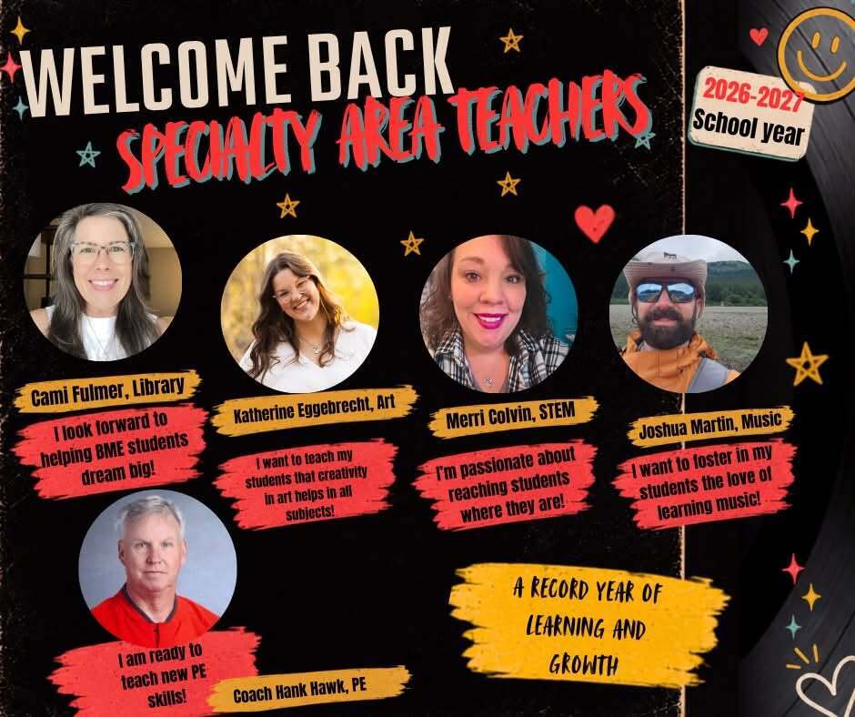 Welcome Back graphic featuring Bayou Meto Elementary's Specialty Area Teachers for the 2026–2027 school year. Pictured are Cami Fulmer (Library), Katherine Eggebrecht (Art), Merri Colvin (STEM), Joshua Martin (Music), and Coach Hank Hawk (Physical Education), along with brief messages sharing their excitement to inspire scholars through reading, creativity, STEM, music, and physical education during the new school year.