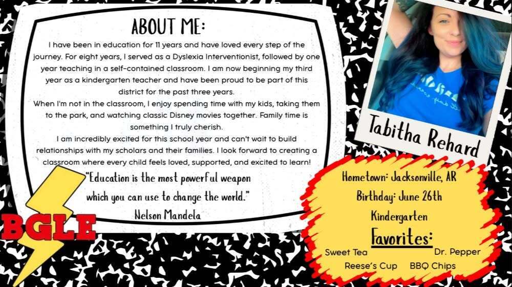 About Me" staff spotlight featuring Bobby G. Lester Elementary kindergarten teacher Tabitha Rehard. The graphic includes her portrait, a biography highlighting her years in education and commitment to building relationships with scholars and families, her hometown of Jacksonville, Arkansas, birthday, favorite snacks and drinks, and a quote by Nelson Mandela.