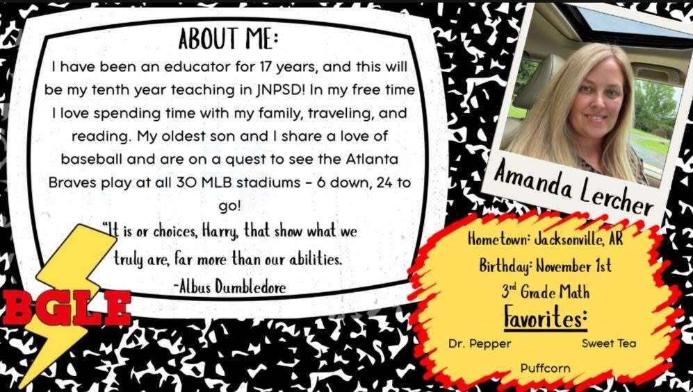 "About Me" staff spotlight featuring Bobby G. Lester Elementary third-grade math teacher Amanda Lercher. The graphic includes her portrait, a biography highlighting her 17 years in education and tenth year with JNPSD, her hometown, birthday, favorite snacks and drinks, and a quote from Albus Dumbledore.