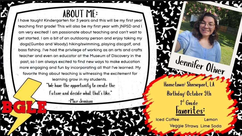 "About Me" staff spotlight featuring Bobby G. Lester Elementary first-grade teacher Jennifer Oliver. The graphic includes her portrait, a biography introducing her first year with JNPSD, her hometown of Shreveport, Louisiana, birthday, favorite snacks and drinks, and a quote by Mae Jemison.