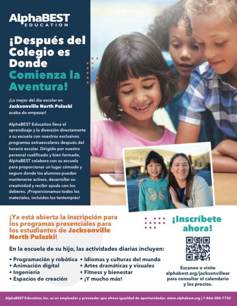Spanish-language flyer promoting AlphaBEST Education's after-school program for Jacksonville North Pulaski students. The graphic features children engaged in a learning activity, along with a smaller photo of a staff member and student. Text describes hands-on enrichment opportunities such as coding and robotics, engineering, digital animation, world languages, visual and dramatic arts, fitness, and creative learning. A QR code directs families to registration and program information.