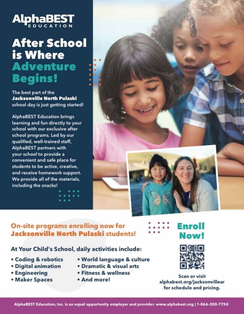 English-language flyer promoting AlphaBEST Education's after-school program for Jacksonville North Pulaski students. The graphic features children participating in a classroom activity with a smaller photo of a staff member and student. Text highlights a safe, engaging environment offering homework support and enrichment activities including coding and robotics, engineering, digital animation, maker spaces, world languages, arts, fitness, and wellness. A QR code provides access to enrollment, schedules, and pricing information.