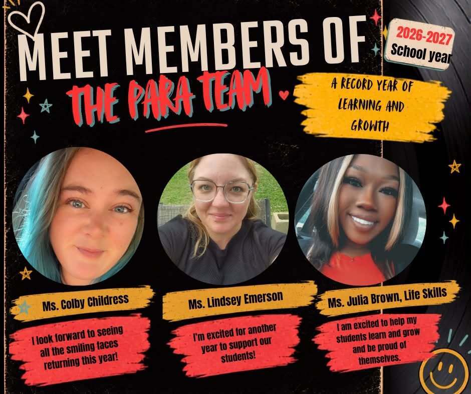 A "Meet Members of the Para Team" graphic for the 2026–2027 school year at Bayou Meto Elementary. The design features a black background with colorful stars, hearts, and smiley face accents. Three circular staff photos are displayed: Ms. Colby Childress, Ms. Lindsey Emerson, and Ms. Julia Brown, Life Skills. Each staff member shares a short welcome message about supporting and encouraging scholars throughout the school year. A banner reads, "A Record Year of Learning and Growth."