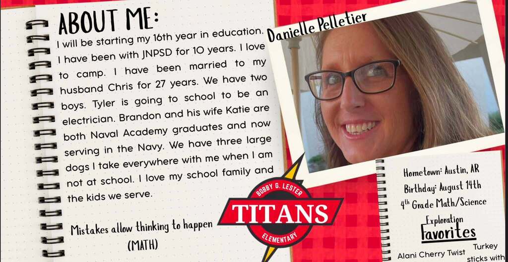 Teacher spotlight graphic featuring a 4th Grade Math/Science Exploration teacher. The "About Me" section shares that she is beginning her 16th year in education and has been with JNPSD for 10 years. It describes her love of camping, her family, including her husband, two sons, daughter-in-law, and three dogs, and her appreciation for her school family and the scholars she serves. A math-themed quote about learning from mistakes appears at the bottom. The right side includes a portrait along with her hometown (Austin, Arkansas), birthday (August 14), teaching assignment (4th Grade Math/Science Exploration), and a list of favorite snacks.