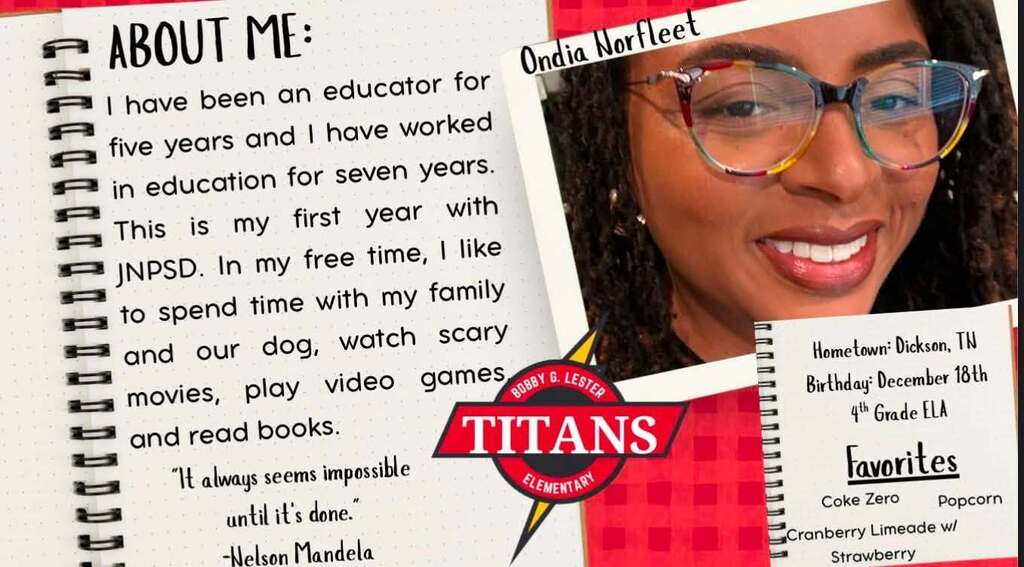 Introduction graphic for a 4th Grade English Language Arts teacher. The "About Me" section explains that she has worked in education for seven years and is beginning her first year with JNPSD. It shares that she enjoys spending time with her family and dog, watching scary movies, playing video games, and reading books. A quote by Nelson Mandela is displayed near the bottom. The right side features a close-up portrait and includes her hometown (Dickson, Tennessee), birthday (December 18), teaching assignment (4th Grade ELA), and favorite items, including Coke Zero, popcorn, and cranberry limeade with strawberry.