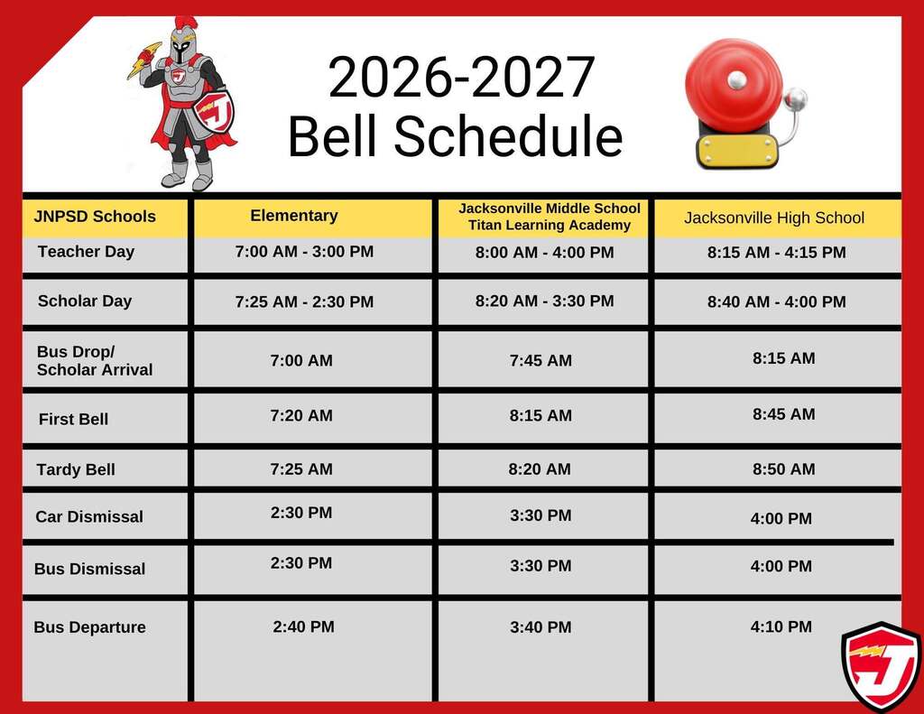 Graphic displaying the Jacksonville North Pulaski School District 2026–2027 Bell Schedule. The design features a red border with the Titan mascot in the upper left, a school bell icon in the upper right, and the district shield logo in the lower right. A table lists schedules for Elementary Schools, Jacksonville Middle School/Titan Learning Academy, and Jacksonville High School, including teacher day, scholar day, bus drop-off/scholar arrival, first bell, tardy bell, car dismissal, bus dismissal, and bus departure times. The schedule shows elementary scholars attend from 7:25 a.m. to 2:30 p.m., middle school and Titan Learning Academy scholars from 8:20 a.m. to 3:30 p.m., and high school scholars from 8:40 a.m. to 4:00 p.m., with corresponding arrival and dismissal times for each school level.