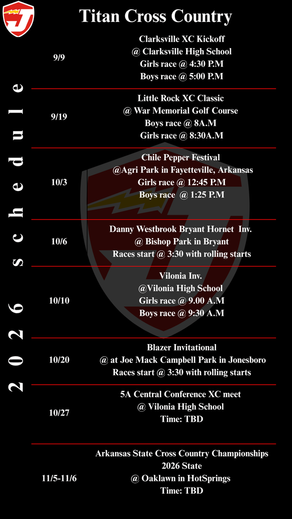 2026 Titan Cross Country schedule featuring eight meets from September 9 through November 5–6. Events include the Clarksville XC Kickoff, Little Rock XC Classic, Chile Pepper Festival, Danny Westbrook Bryant Hornet Invitational, Vilonia Invitational, Blazer Invitational, 5A Central Conference XC Meet, and Arkansas State Cross Country Championships. The graphic has a black background with red accents and the Titan logo.