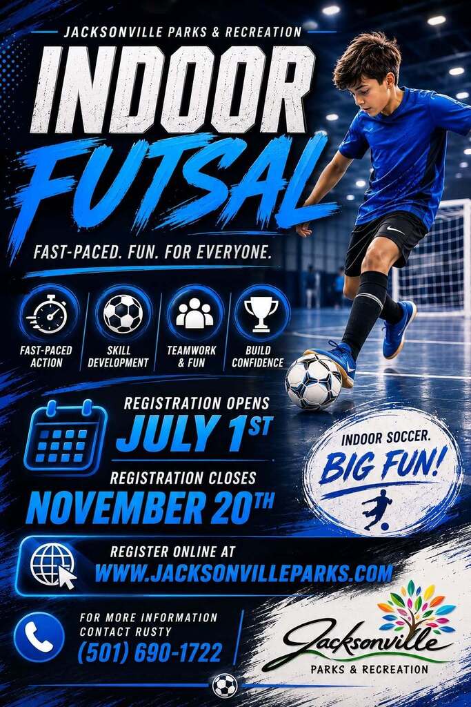 Jacksonville Parks & Recreation Indoor Futsal flyer featuring a young player kicking a soccer ball on an indoor court. Registration is open through November 20. The flyer promotes fast-paced action, skill development, teamwork, fun, and confidence building.