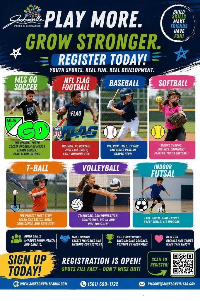 Jacksonville Parks & Recreation youth sports registration flyer featuring MLS GO Soccer, NFL Flag Football, baseball, softball, T-ball, volleyball, and indoor futsal. The flyer encourages families to register and highlights opportunities for youth to build skills, make friends, gain confidence, and have fun.