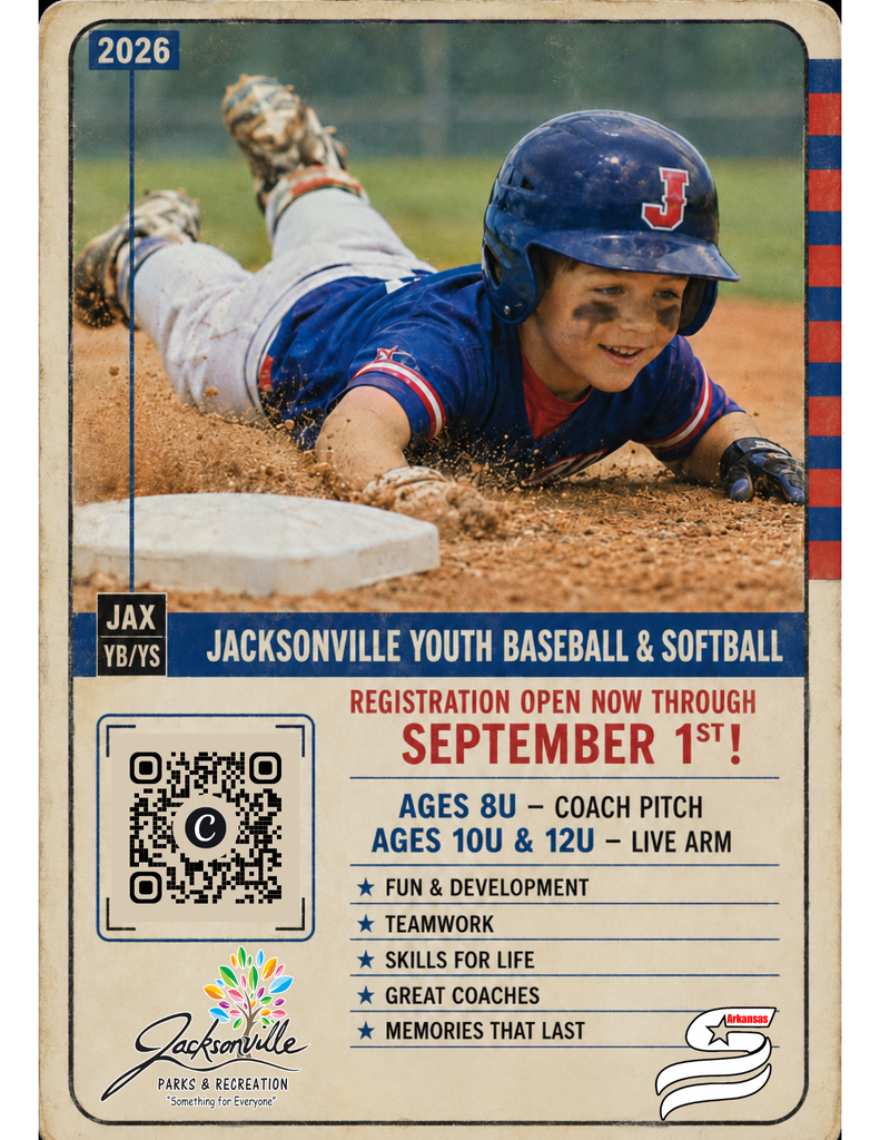 Jacksonville Parks & Recreation 2026 Youth Baseball & Softball registration flyer featuring a young baseball player sliding into a base. Registration is open through September 1. Programs include 8U Coach Pitch and 10U and 12U Live Arm.
