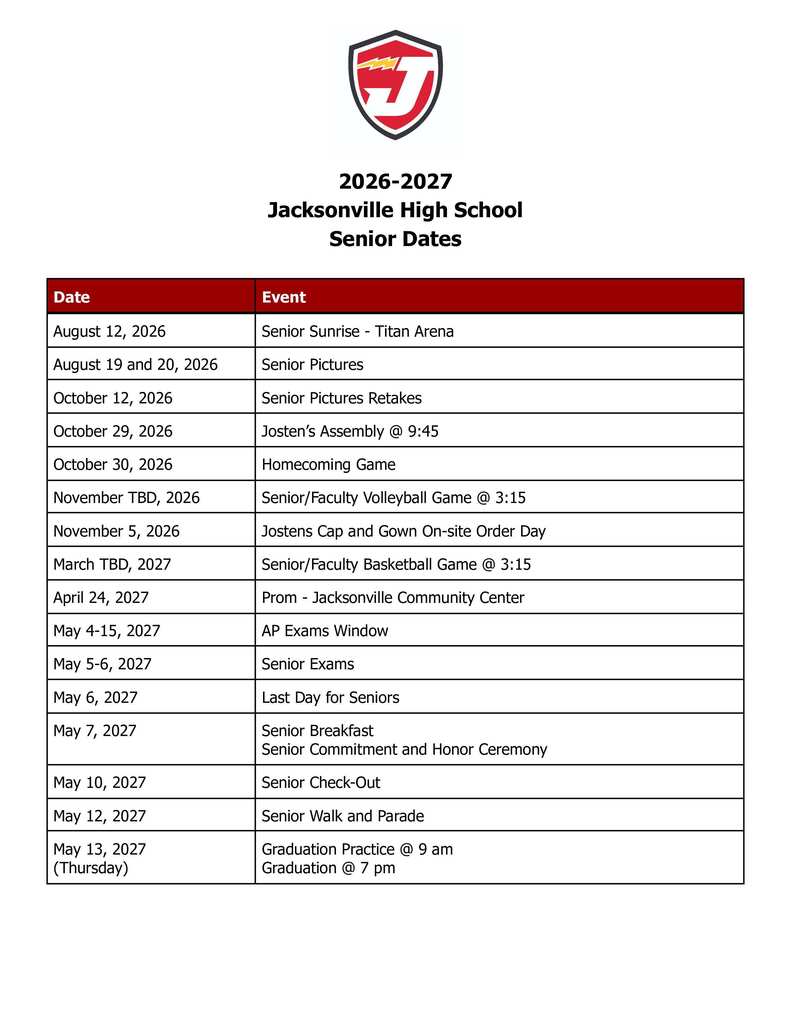 Jacksonville High School 2026–2027 Senior Dates flyer featuring the Titan logo and a list of important senior events. Dates include Senior Picture Retakes on October 12, Homecoming on October 30, Prom on April 24, Senior Exams May 5–6, Senior Breakfast and Commitment and Honor Ceremony on May 7, Senior Walk and Parade on May 12, and Graduation on May 13 at 7 p.m. Dates are tentative and subject to change.