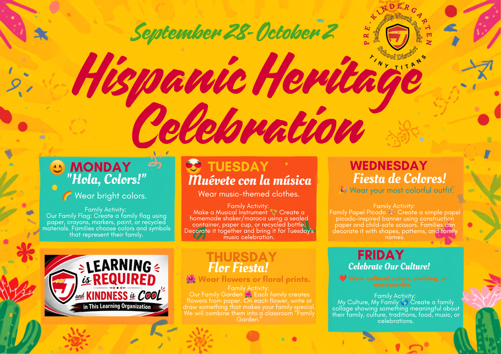 Bright yellow Hispanic Heritage Celebration flyer for Jacksonville North Pulaski School District, September 28–October 2. The flyer features themed dress-up days and family activities: Monday, wear bright colors and create a family flag; Tuesday, wear music-themed clothing and make a homemade musical instrument; Wednesday, wear a colorful outfit and create papel picado; Thursday, wear flowers or floral prints and create a family garden; Friday, wear cultural colors, clothing, or accessories and create a family culture collage.