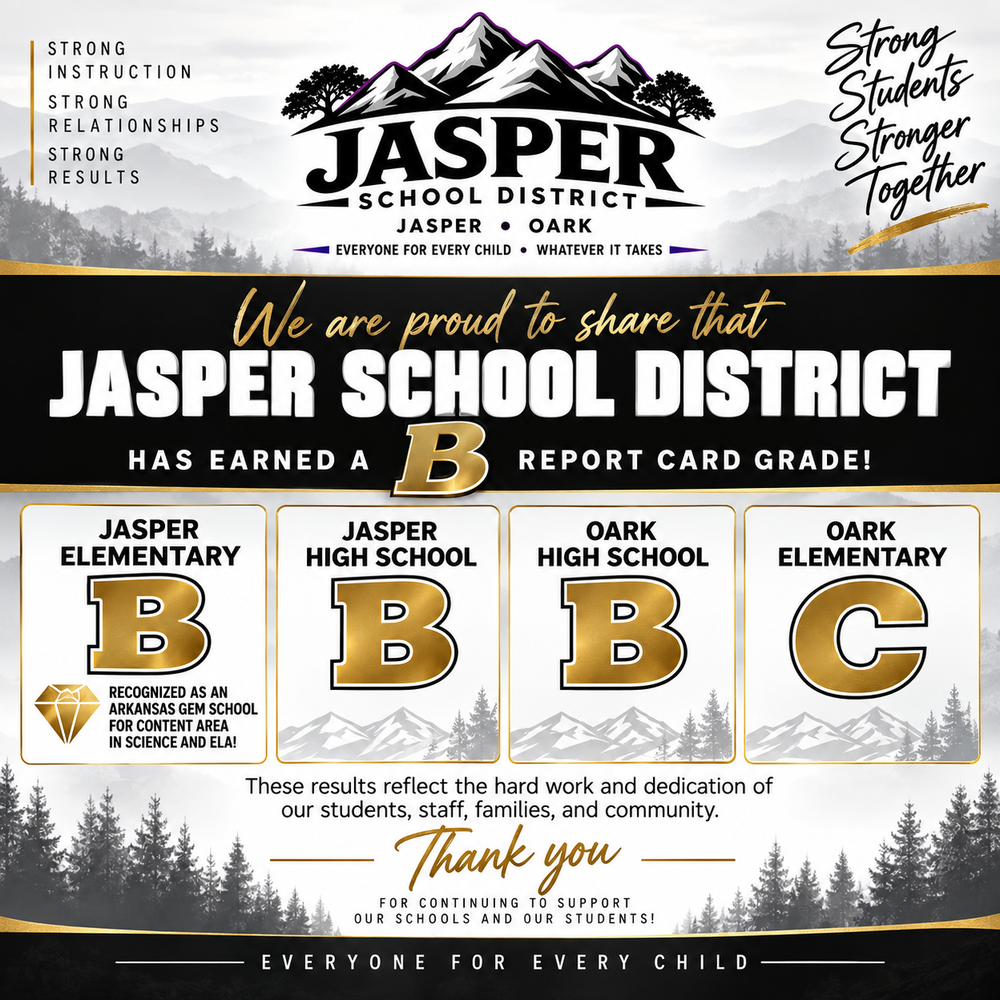 states that Jasper School District has earned a B score: JES = B, JHS = B, OHS = B and OES = C picture is in black white and gold with district logo on top