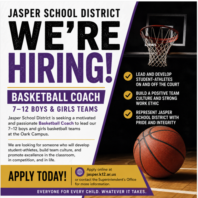 Picture of a basketball and hoop, explaining that we are hiring a 7-12 Basketball coach at Oark.