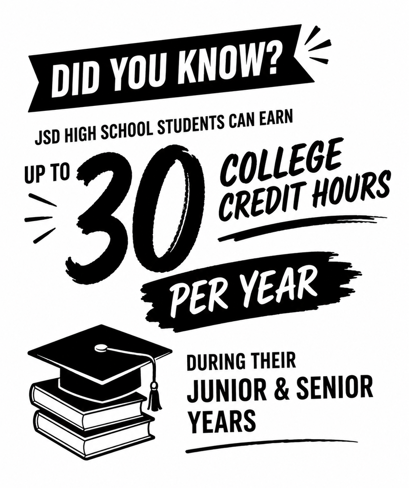 Promotional graphic highlighting that JSD high school students can earn up to 30 college credit hours per year during their junior and senior years. The design features bold black-and-white text with a graduation cap and books, emphasizing opportunities for students to get a head start on college while still in high school.