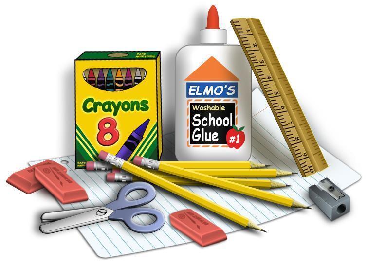 Picture of a box of crayson, erasers, scissors, pencils, glue and ruler on a white sheet of lined paper