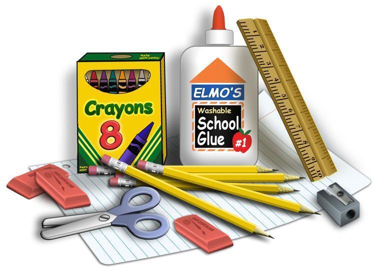 Picture of a box of crayson, erasers, scissors, pencils, glue and ruler on a white sheet of lined paper