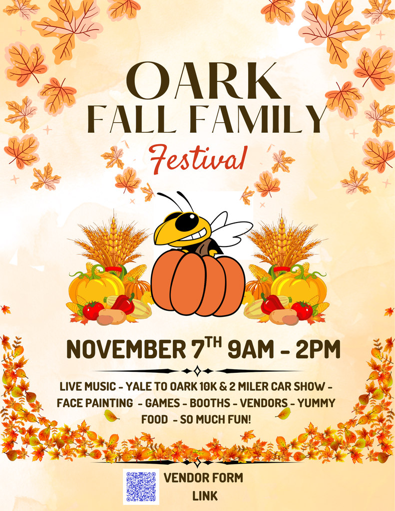 fall fest flyer november 7th 9am-2pm live music, yale to oark 10k and 2 mile, car show, face painitng, games, booths, vendors, yummy food, so much fun