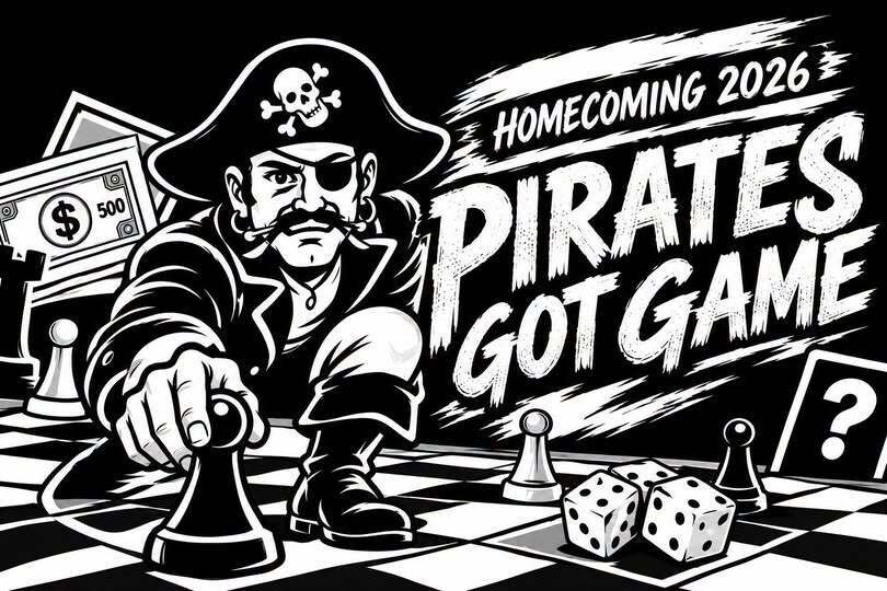 A pirate plays chess on a black and white background