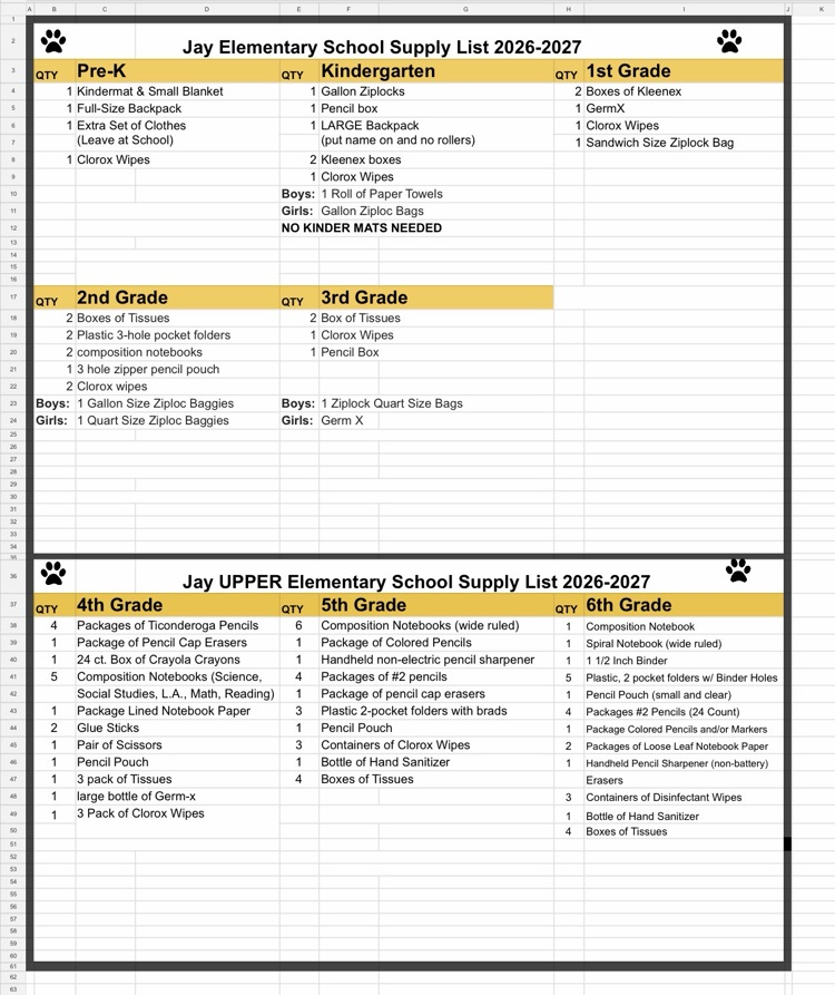 PK-6 School Supply Lists