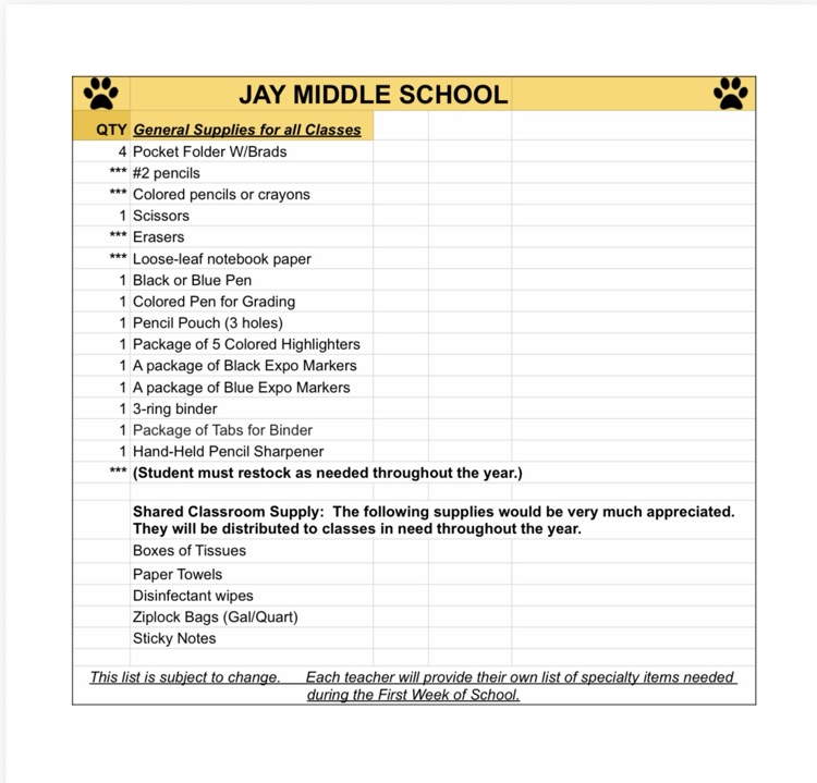JMS School Supply List