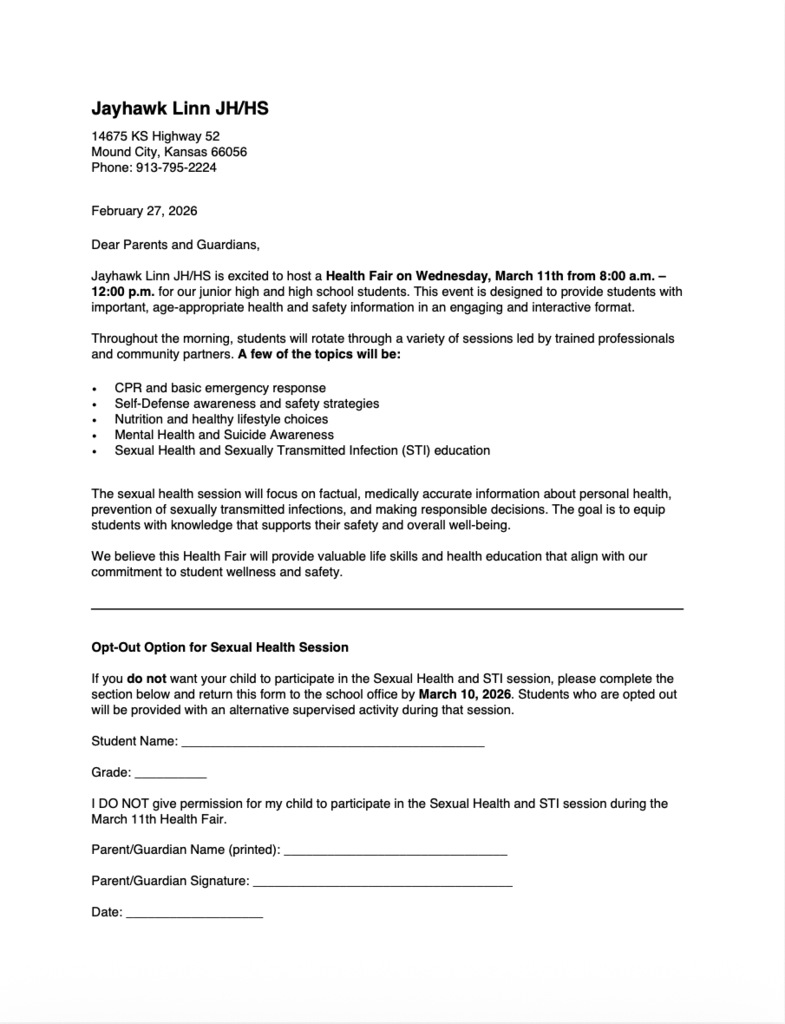 Photo above explains Health Fair Information on Wednesday, March 11th from 8am-12pm for JH and HS Students. If you do not want your child to participate in the Sexual Health/STI session, please complete the form and return to the High School Office by March 10th, 2026.