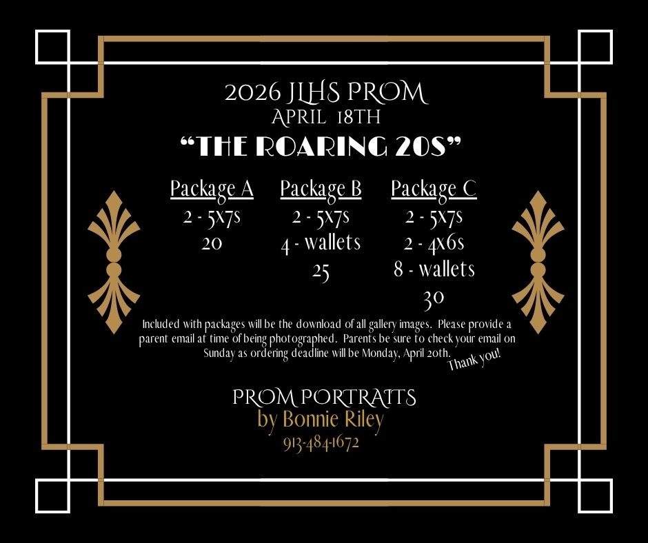 JLHS Prom Photo Packages: Package A $20, Package B $25, Package C $30