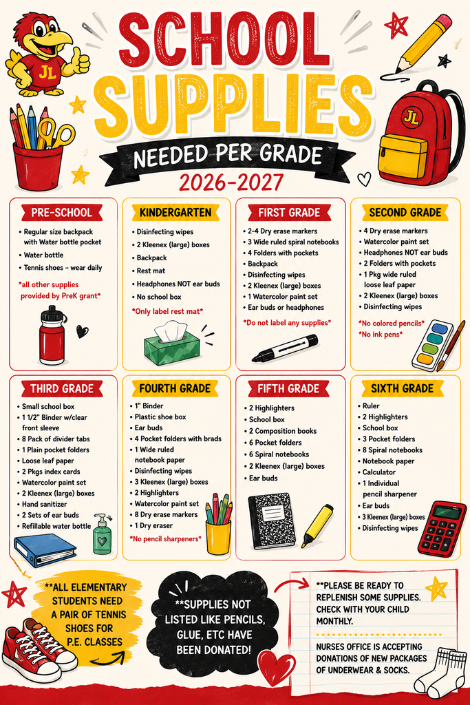 JES School Supply list can also be found on our website under the JES tab.