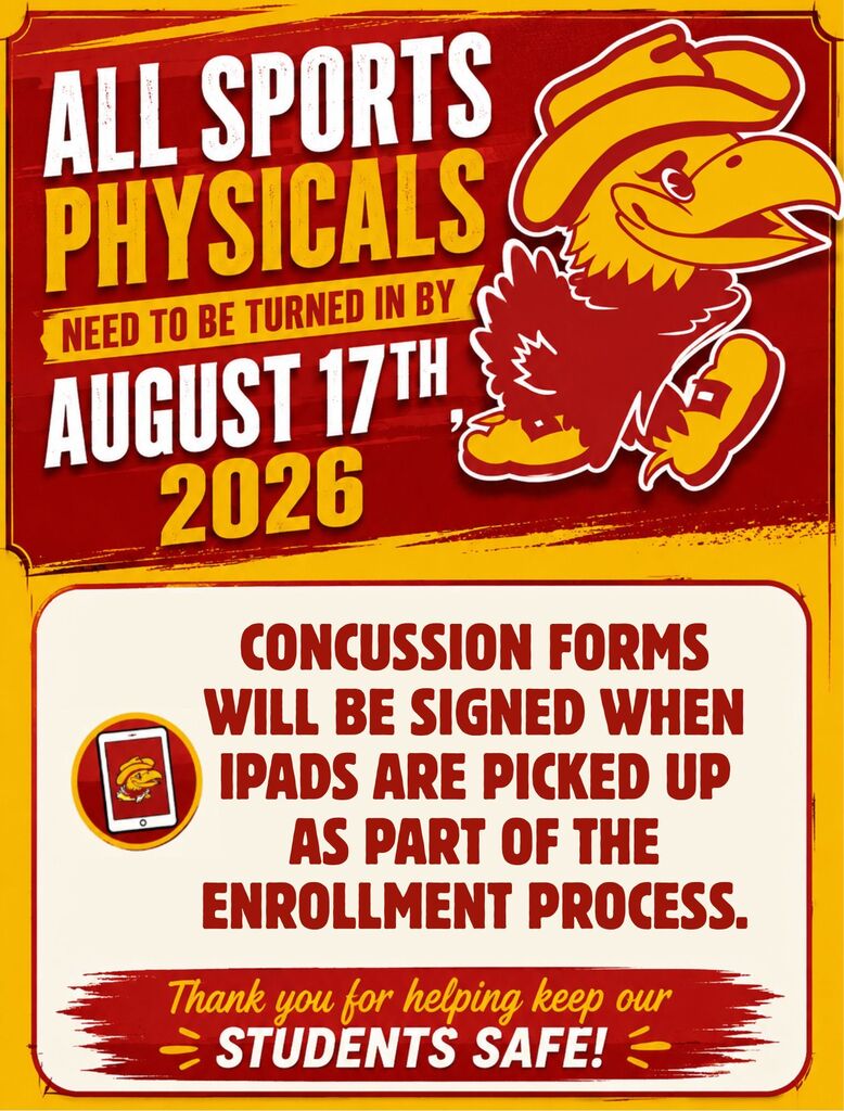 All sports physicals need to be urned in by August 17th! Concussion forms will be signed when iPads are picked up as part of the enrollment process. Thanks for keeping our students safe!
