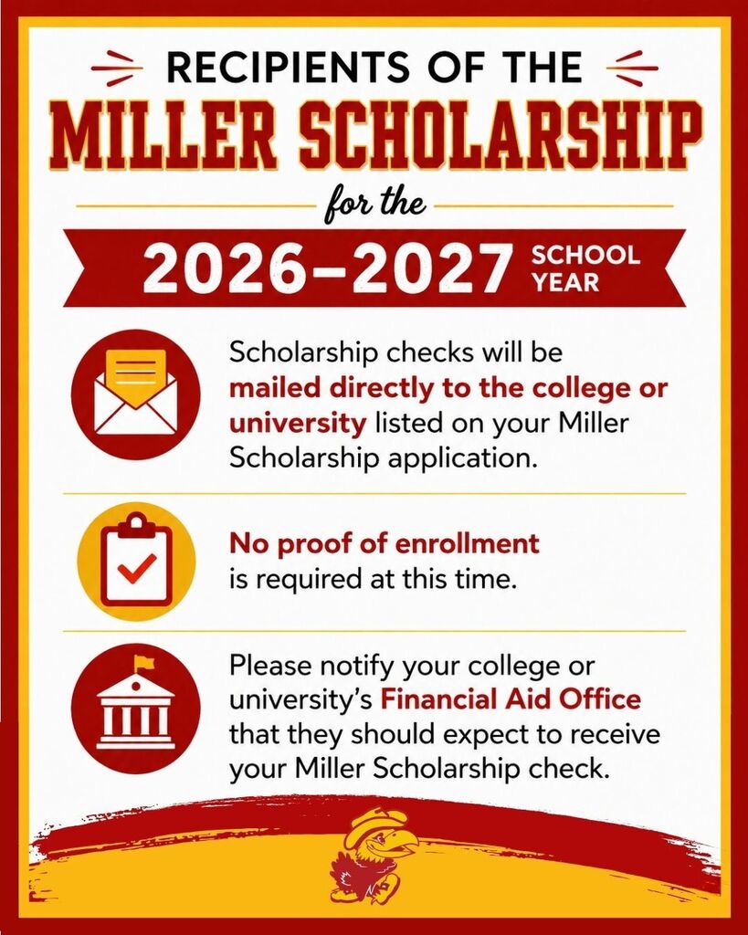 Miller Scholarship checks will be sent directly to universities this year. No proof of enrollment necessary. Call your financial aid office to give them a heads up that they will be receiving the check.