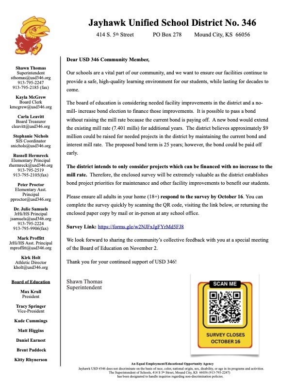 A letter to the community about the School facilities.