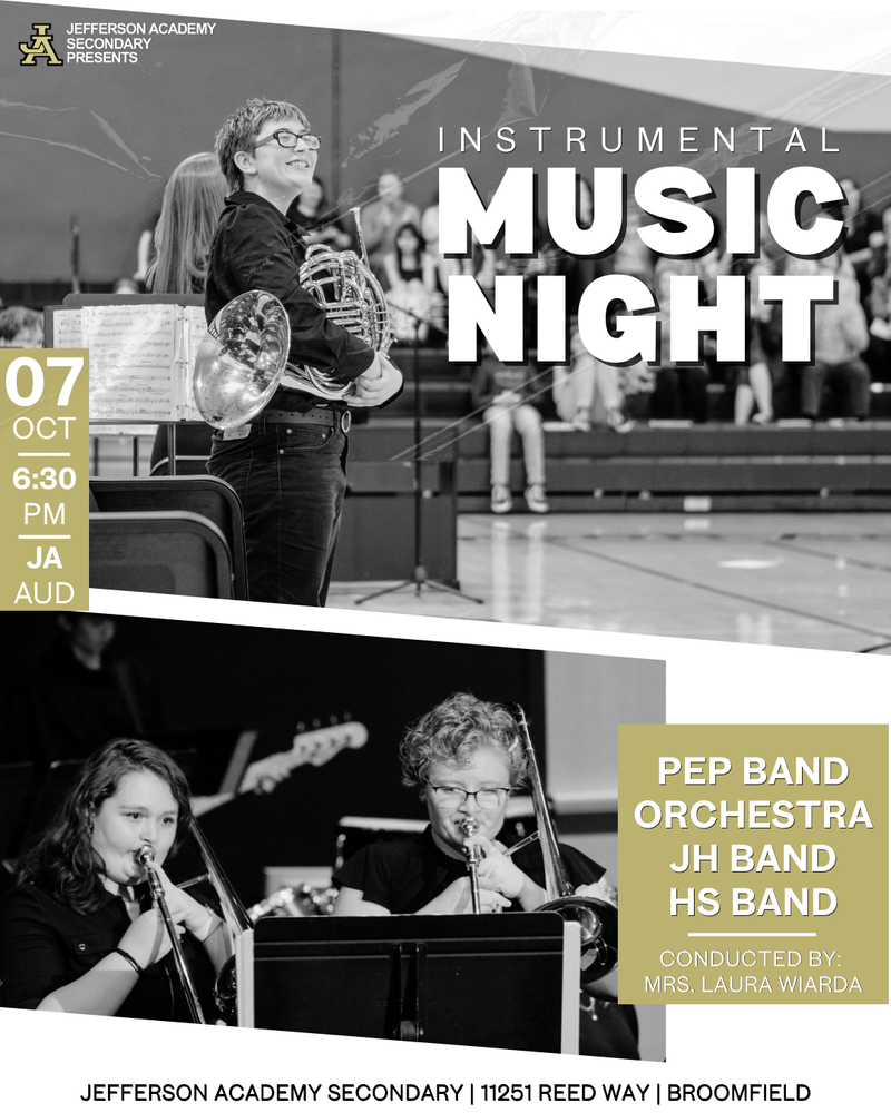 Students with instruments promoting an upcoming instrumental music night on October 7th at 6:30pm