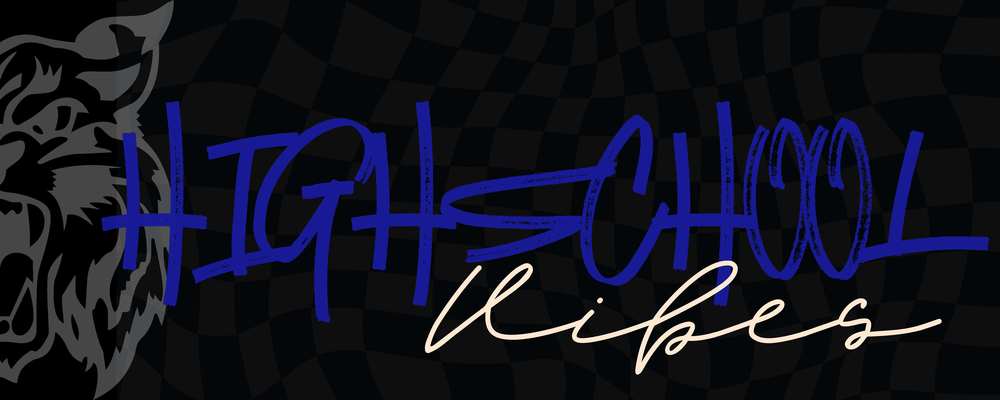 Logo Black background with our cat logo half of its face to the left and text that reads High School Vibes