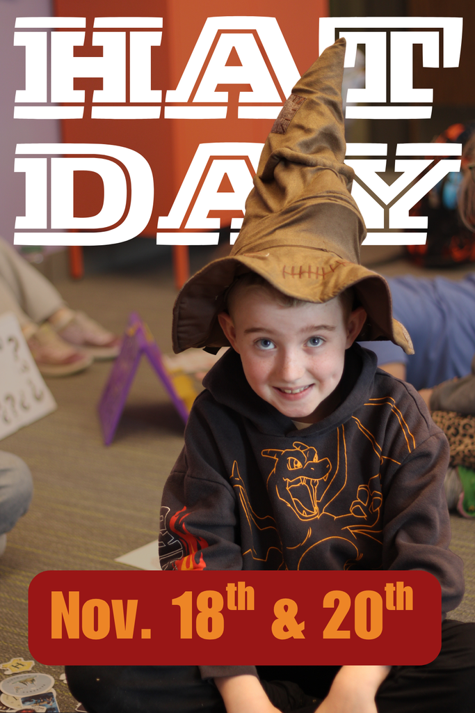 Image of student sitting on the floor wearing the Harry Potter sorting hat and text that reads HAT DAY Nov. 18th and 20th