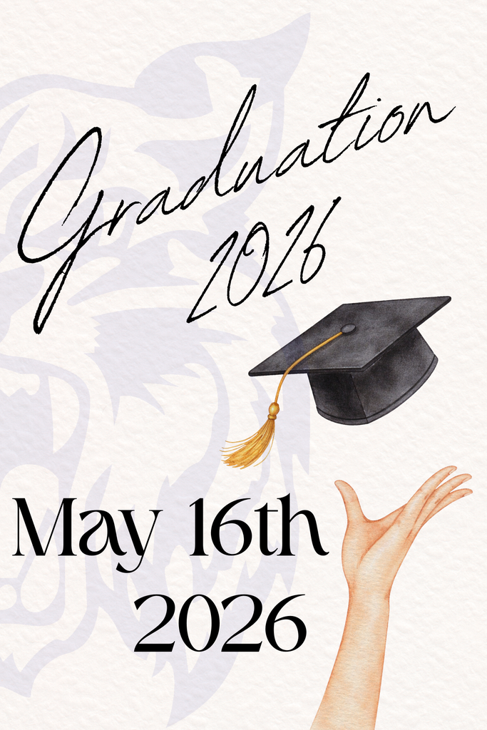 Illustration of a hand throwing a Graduation cap and text that reads graduation 2026 May 16th 2026