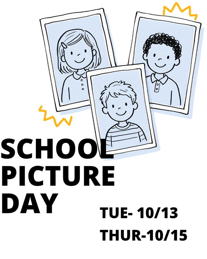 Illustration of students photos and text that reads School picture Day Tues 10/13 Thurs 10/15
