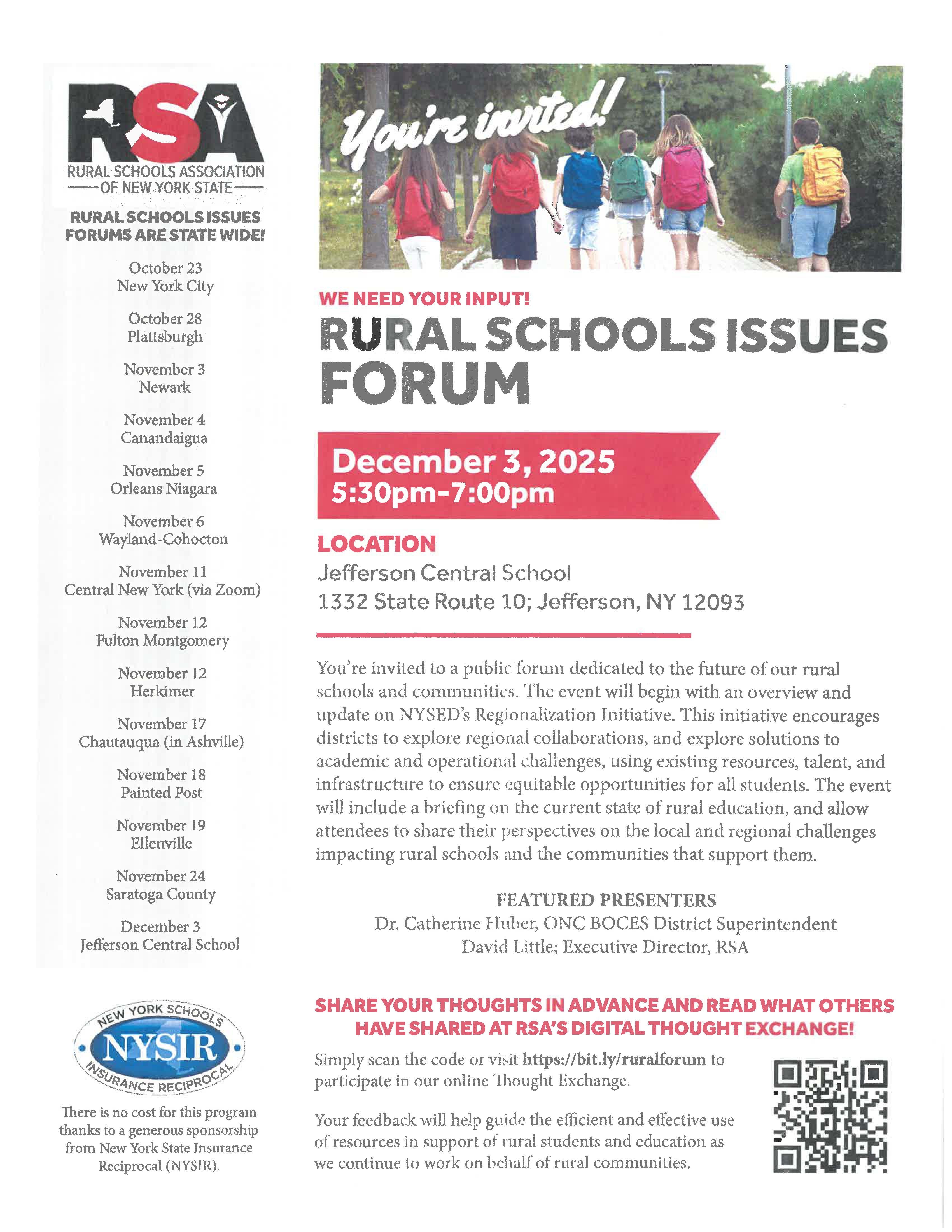 JCS to host Rural Schools Issues Forum | Jefferson Central School