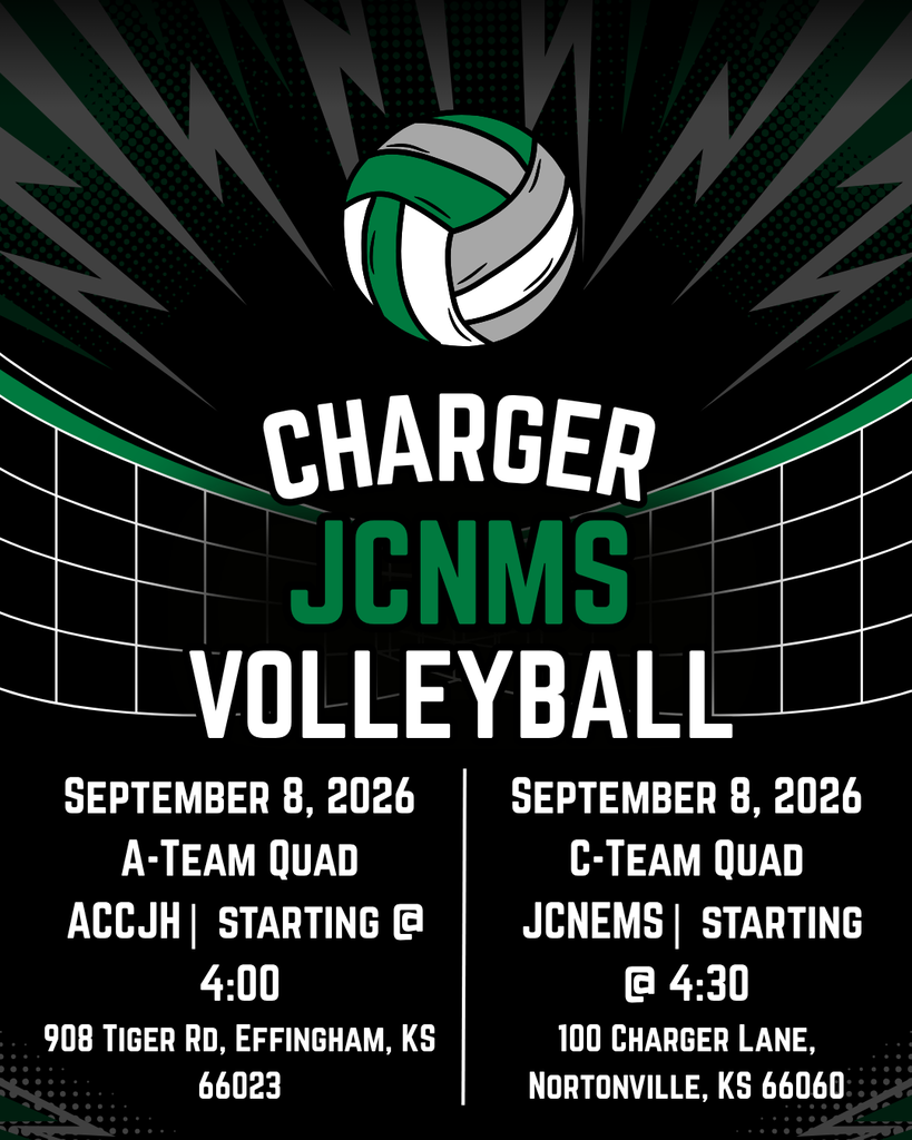 The JCNMS volleyball teams will be playing tonight. A-Team will be heading to ACCJH (Effingham) to participate in a Quad match beginning at 4:00pm (908 Tiger Rd. Effingham, KS 66023). C-Team will be in Nortonville hosting their own Quad match beginning at 4:30pm. We hope to see you there!