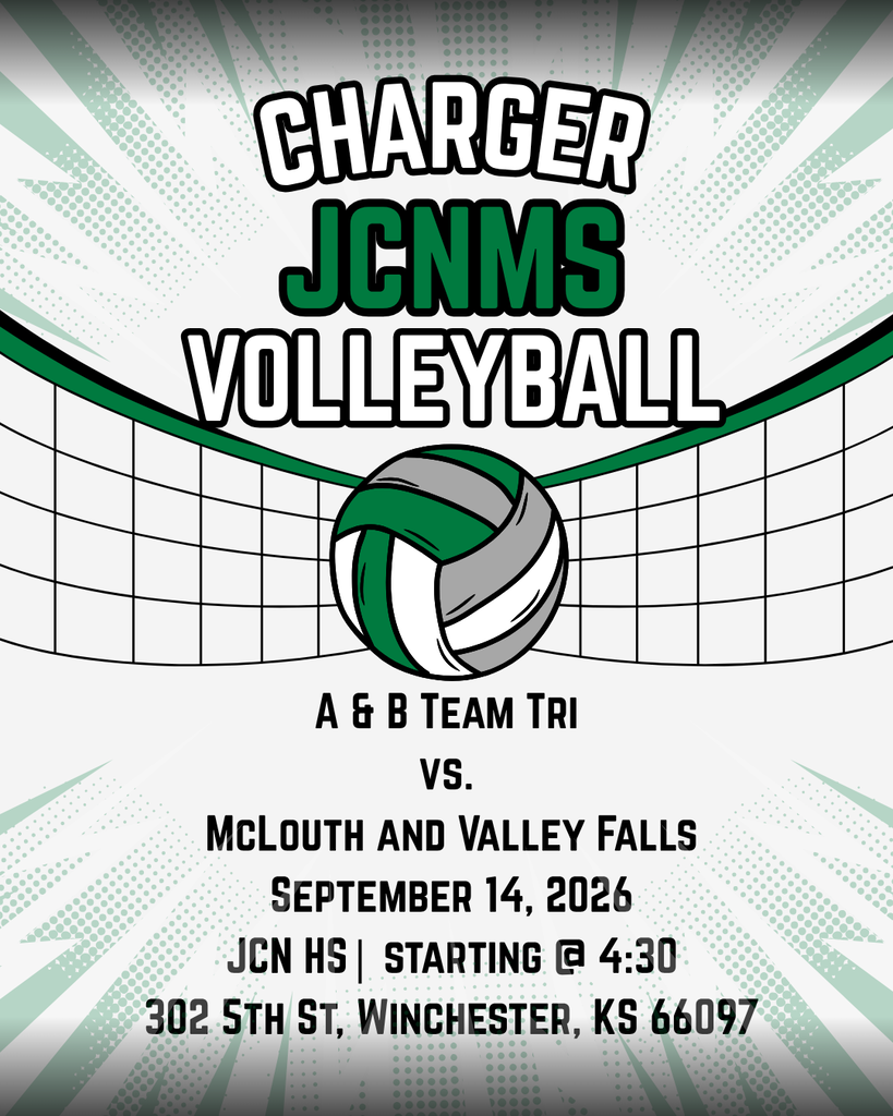 The Middle school Volleyball team hosts a tri-match with Valley Falls and McLouth tonight (September 14) at JCN HS. Games are set to begin at 4:30pm with A-Team playing on the South court and B-Team playing on the North Court. Admission is $5.00 for adults and $3.00 for students. We hope to see you there!