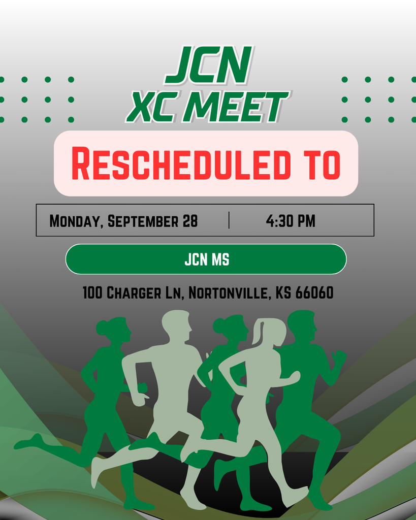 RESCHEDULED: The JCN Cross Country Meet set to take place in Nortonville on Saturday, 09/26 has been rescheduled due to weather.   The meet will take place on MONDAY, September 28th, with races beginning at 4:30pm.  We hope to see you there!
