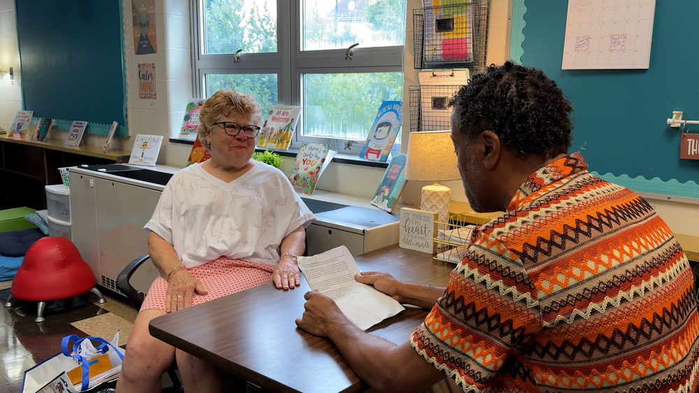 Chip Cosby reads a letter to his former Kindergarten teacher.