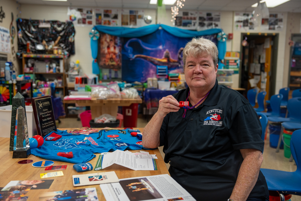 Laukhuf Elementary teacher Toska Adams, holding a whistle in her classroom