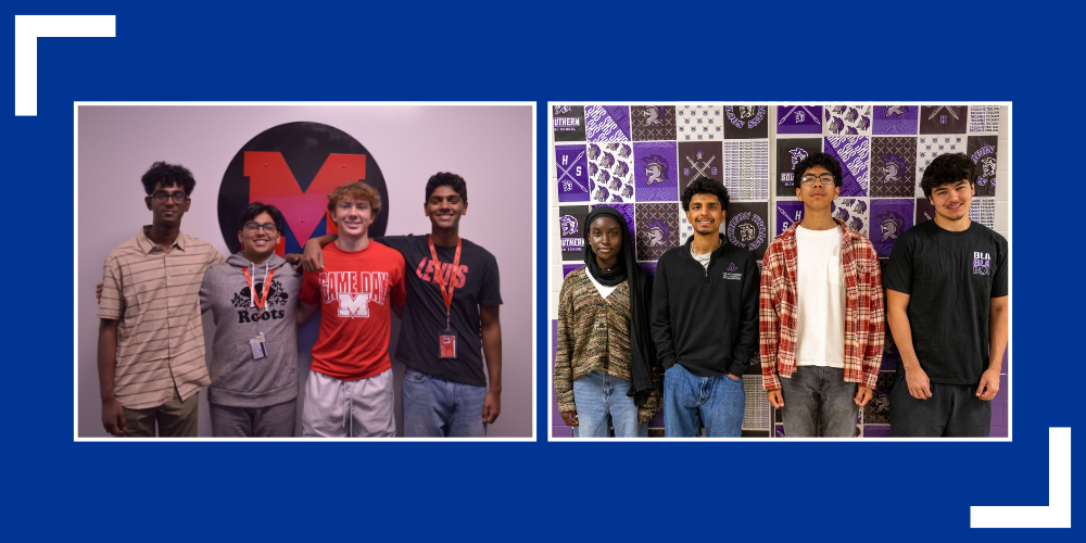 Two teams, one from Manual High Schoola nd the other from Southern High School, pose for separate pictures and smile. 