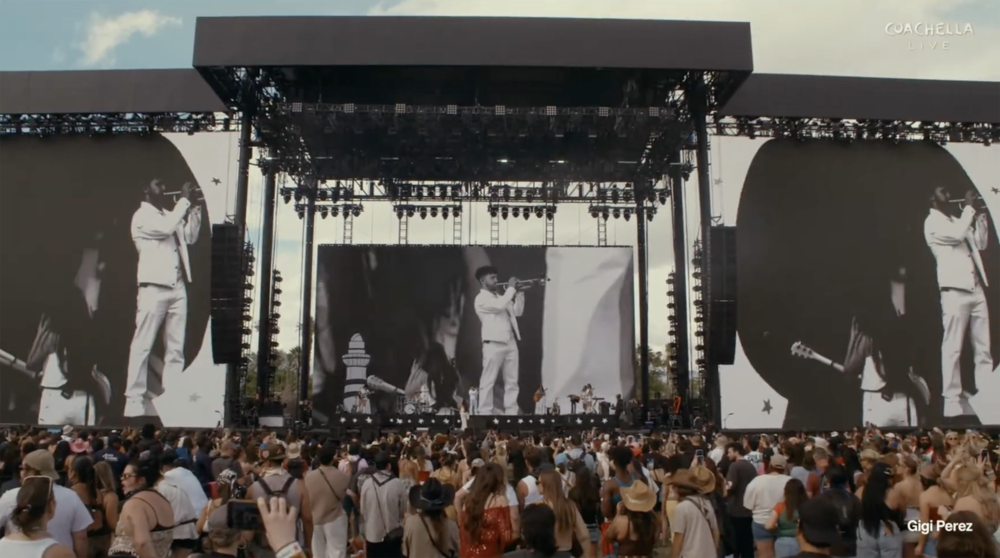 Nick Anthony plays the trumpet onstage at Coachella.